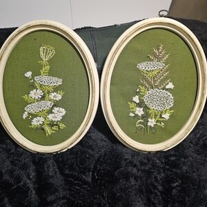 MCM Oval Framed Crewel Needlepoint Queen Anne's Lace and Daisies- Vintage Boho